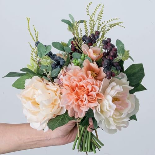 KARLOR Kunstblumen Set, Künstlich Blumenstrauß Pfingstrosen Dahlie Beeren,Kunstblumen Wie Echt Seidenrosen Hochzeit Blumensträuße Frühlingsblumen Kunstblumen Heim Deko(Rosa & weiß)