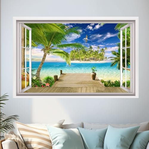 HPNIUB 3d Kaputter Wandaufkleber,90 * 60cm(BxH),Wandtattoo Wohnzimmer Landschaft,Selbstklebend Wandsticker Meer Baum Poster,Vinyl Wandaufkleber Durchbruch Deko für Wohn (Kokospalmen)