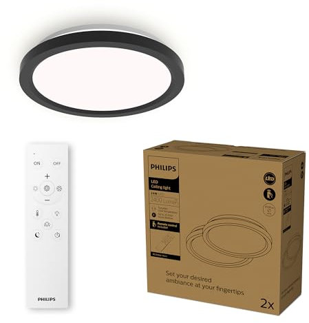 Philips Plafonniers LED avec télécommande, Pack de 2 – Ronds, 30 cm, Lumière blanche réglable et dimmable, Idéal pour le salon ou la chambre, Sans scintillement ni éblouissement, Design moderne, Noir