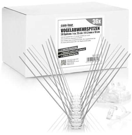 com-four® 9 Meter Taubenabwehr Spikes 4-reihig, Edelstahl 304 | rostfrei und Langlebig - 36 x 25 cm mit 72 Clips für Regenrinnen - Vogelabwehr - Vogelschreck - Taubenschutz - Vogel-Stop