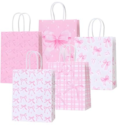 5 Stück Kleine Geschenktüten mit Griffen, 21x15x8cm Pinken Schleifenmuster Krafttaschen, Gift Bag, Papiertüten für Hochzeitsfeier, Giveaways, Geburtstag, Süßigkeiten, DIY (rosa)