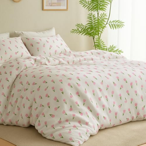AShanlan Doppelte Musselin Bettwäsche 135x200 cm Baumwolle Rosa Tulpen Blumen Bettwäsche-Sets ÖKO-TEX Zertifizierte 1 Bettbezug und 1 Kissenbezüge 80x80 cm mit Reißverschluss