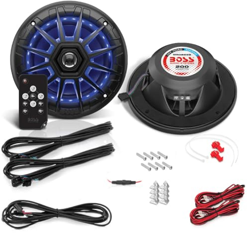 Kit Set para Boss Audio Systems MRGB65B, 2 Altavoces Marinos de 2 vías de 6,5 16,5 cm x 165 mm, 100 vatios rms, 200 vatios máx, 4 ohmios, Resistentes al Agua, con LED RGB, por Pares + Accesorios