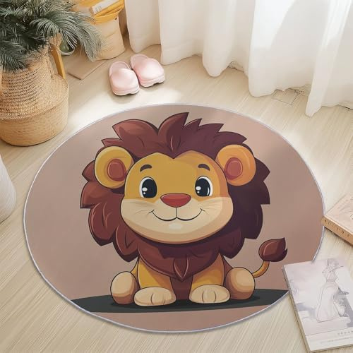 Rund Teppich für Wohnzimmer Durchmesser 140 cm, rutschfeste Mehrfarbig Flanell Teppich, Cartoon Tier Löwe Einfach Design, Waschbar Teppiche für Schlafzimmer Küche Dekoration