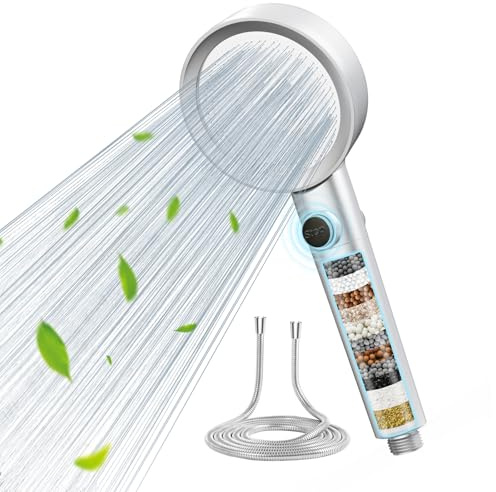 FEELSO Filter-Duschkopf 25 Lagen, 2 Filter, Hochdruck, 1,5m Schlauch | Handbrause mit großem 25-Schicht-Brausekopf, Silber, Filtert Kalk, für Familien, Senioren, sensible Haut