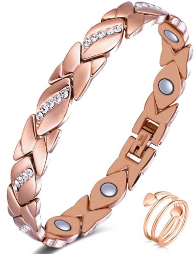 Jeracol Kupferarmband Damen und Magnetfeldtherapie Ring, gefertigt aus 99% reinem Kupfer,einstellbar Magnetarmband mit Kraftmagnete(Roségold-kristall)