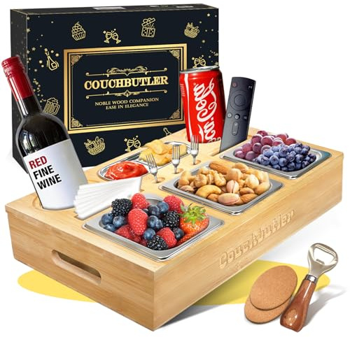 Couchbar Snackbox, Couch Bar Snackbar mit Geschenkbox, Sofa Tablett mit 3 Snackschalen, Sofatablett Snackbox mit Flaschenöffner, Snackbar Couch mit Abnehmbarer für Sofa, Bett, Camping (Hellfarben A)