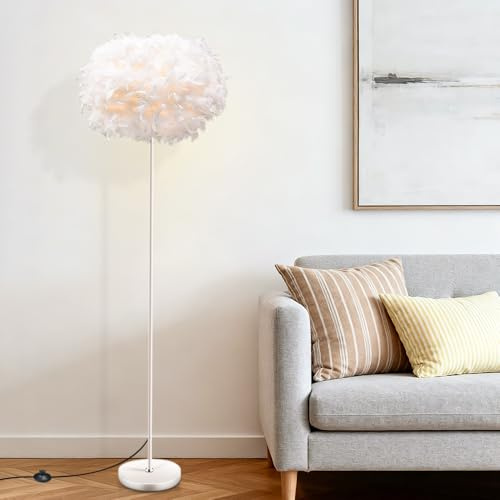 ELINKUME Fußbodenlampe in Feder für den Wohnzimmer,LED-Lampe moderne einfache 59in, Schatten-Lampe in Federn von weißem Feuervogel,hohe Bodenluchten für das Schlafzimmer(Glühbirne nicht enthalten)