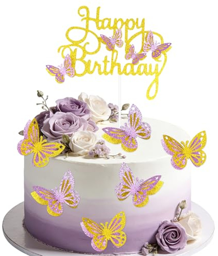 13 Pcs Glitter Butterfly Cake Topper Set, 3D Gold Happy Birthday Cake Decoration for Girls Women, Butterfly Theme Cupcake Toppers Birthday Decorations (Gold)