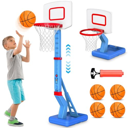 Kids Adjustable Basketball Hoop and Stand 5-Level (2.3-4.5FT/70-138cm), Indoor Outdoor Sport Toy with 4 Balls & Pump, Birthday Gift for Boys Girls 3-8 Years