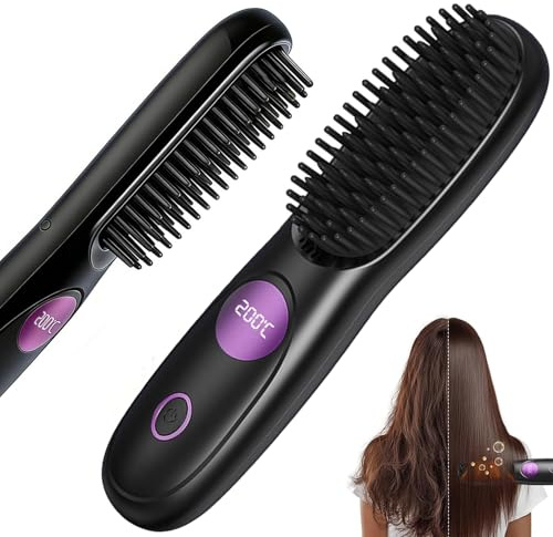 Glättbürste Kabellos, Stylingbürste für Kurze Haare Langes, Elektrisch Glätteisen, Haarglätter Bürste, Temperatureinstellung, 3-stufige Temperaturregelung für Reisen und Täglichen Gebrauch