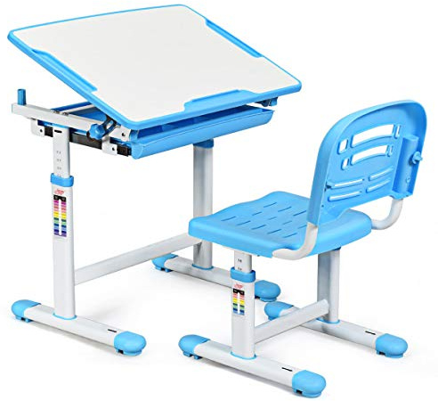 COSTWAY Kinderschreibtisch höhenverstellbar, Schülerschreibtisch Kindermöbel neigungsverstellbar, Kindertisch mit Stuhl, Schreibtisch Kinder (Blau)
