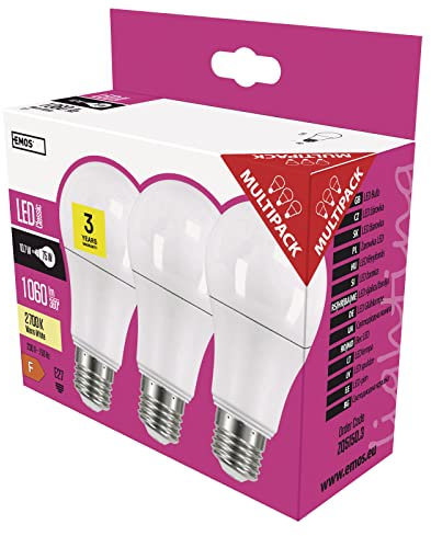 EMOS LED Lampe Classic A60, 10,5W Ersatz für 75W Glühbirne, E27 Sockel, Helligkeit 1060lm, Warmweiß 2700 K, 30000 Stunden Lebensdauer, CRI min. 80, 300 degree Abstrahlwinkel, Multipack, ZQ5150.3