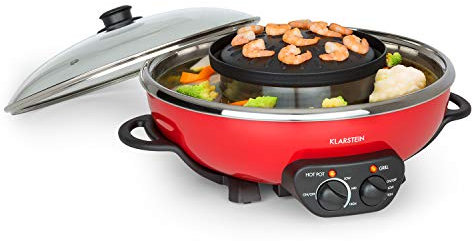 KLARSTEIN Szechuan - Hot pot Chinois, Hot pot fusing, Grill de 22 cm de diamètre, Revêtement anti adhésif, 600 watts, Nettoyage rapide - Rouge