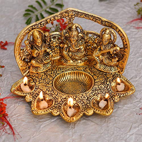 NOBILITY Lakshmi Ganesh Saraswati Statue mit Diya Öl Deepak Metall Laxmi Ganesha Idol Schaustück Deepam Traditionelle Diya für Diwali Puja Heimdekoration Hochzeit Rückgabe Geschenkartikel