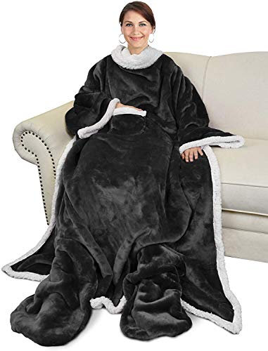 Catalonia Classy Flauschig Decke mit Ärmeln und Fußtasche Warm Geschenk für Frauen Herren Weihnachten, Flauschige Sherpa Kuscheldecke mit Ärmeln, Wohndecke zum Anziehen Erwachsene, 190 x 135 cm