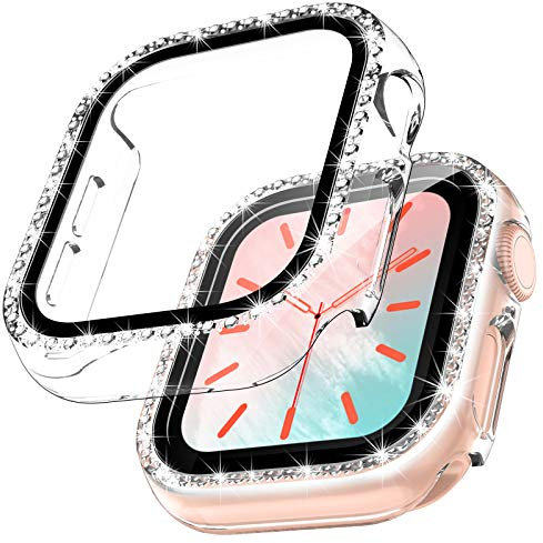 TOCOL 2 Pièces Coques pour Apple Watch Series SE/6/5/4 40mm, Convient aux Montres Série iWatch SE/6/5/4 40mm avec Coque de Protection en Verre Trempé Incrustée de Diamants Femme - Transparent-Bling