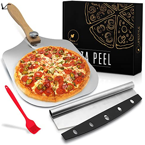 Ignite Lifestyle Pizzaschaufel Set – PizzaPfannenwender 30,5 x 35,6 cm + Pizzaschneider + Backpinsel – Aluminium Metall Pizzaschieber 30,5 cm mit faltbarem Holzgriff für einfache Lagerung –