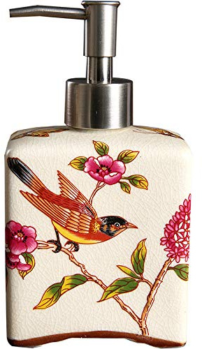ZSXP Seifenspender,Lotion Pump Flasche 11,2 Unzen Weißes Quadrat Blumen Hand Mading Muster Elegante Stil Keramik Seifenspender Ornamente Recycelbar Mit Pump Bad Zubehör Für Badezimmer Küche
