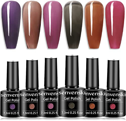 senvenski Grape Jelly Gel Nail Polish Kit - Translucent Colours with Milky Sheer Finish Clear Purple Grape Pink Brown Gray Black | Vegan UV/LED Nail Art Kit Gift for Women Manicure Salon DIY(BT6-003)