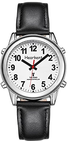 Hearkent Atomic Talking Watch with for Kids Large Numbers and Expandable Strap self-Setting for Visually impaired Blind or Elder People (Black Leather Strap, Lady Size)