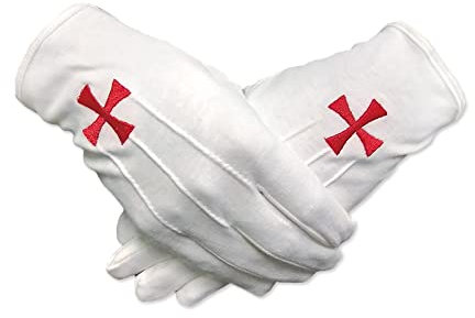 AtSKnSK Freimaurer-Handschuhe des Templer-Roten Kreuzes aus weißer Baumwolle