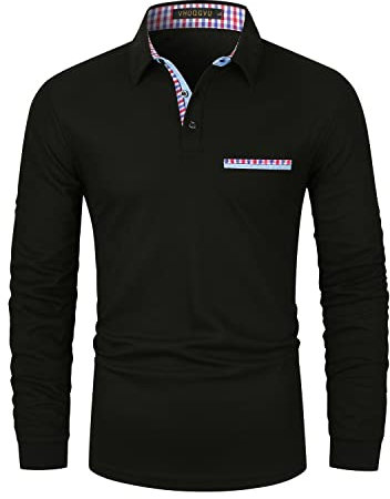 VHUQGVU Poloshirt Herren Langarm Basic Golf Tennis T-Shirt Klassisches Karo Polohemd M-3XL,Schwarz,L