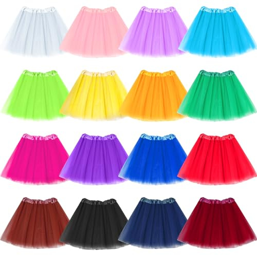 Handepo 16 Packs 80's Tutu Skirts for Women Adult Tulle 3 Layered Classic Tulle Tutu Short Ballet Skirt for Party Costume Dress Cosplay Multicolor