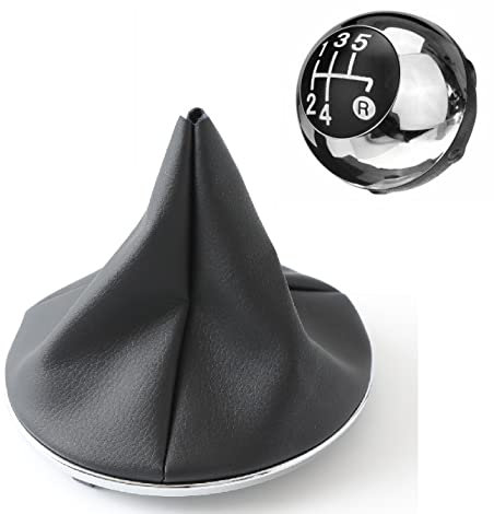 Cuffia Leva Cambio Manuale + Pomello + Ghiera Cromata Interna e Esterna Telaio Compatibile con Fiat 500 2007> Cuciture Nere 5 Marce Set Completo Ricambio Auto (Cuffia + Pomello Cromato)