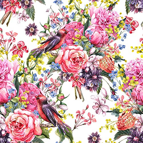 ReWallpaper Selbstklebende Tapete Blumen Vögel 44.5CM×7M Rosa Vintage Muster Wandtapete für Wohnzimmer Schlafzimmer Bunt
