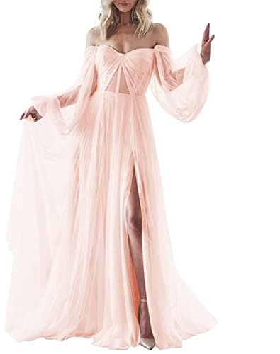 Robe de bal de mariage pour femmes et juniors - Manches longues - Élégante - Épaules dénudées - Moulante - Robe de demoiselle d'honneur, rose poudré, 56 plus