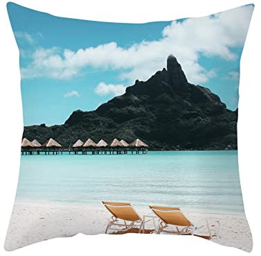 Dsnyu Kissenhüllen Retro, Strandkorb mit Meerblick Kissenbezug 45x45, Blau Weiß Beige Kissenbezüge Polyester für Terrassen Deko