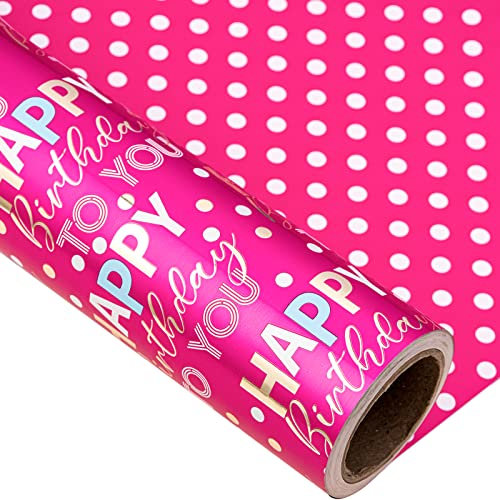 Holijolly Reversible Geburtstag Wrapping Paper Roll.Mini Roll.43.9 cm X 10m.Rose Red Geburtstag Text mit Glitter Metallic Folie Design (4.39 Quadratmeter)
