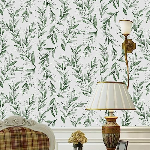JOLIHOME Papel Pintado Autoadhesivo Efecto Hoja Verde Vinilo Adhesivo Blanco Impermeable para Pared Pelar y Pegar Papel de Contacto Rollo de Vinilo Removible para Cubrir Dormitorios 44.5x500cm