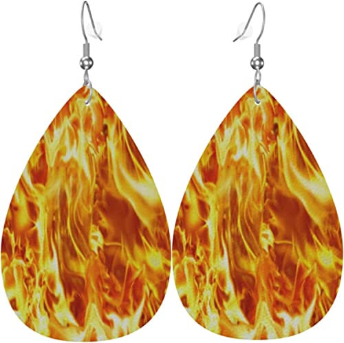 Frauen-Leder-Ohrringe Fashion Dangle Drop Ohrringe-Feuer Flamme Textur Orange Teardrop Ohrringe