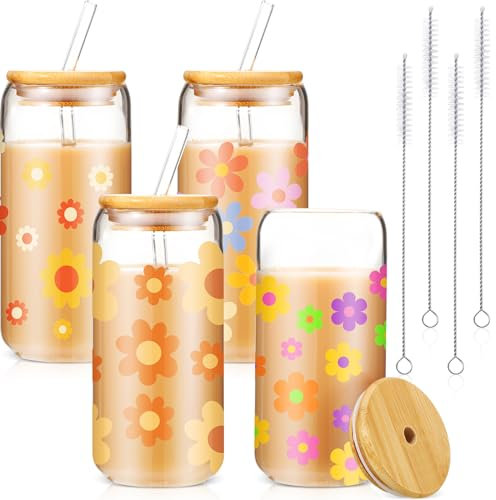 Cunhill 4 Pcs Iced Coffee Cup with Bamboo Lid and Straw 16oz Flower Beer Can Daisy Butterfly Summer Can Shape Glasses Cup Thank You Cup Graduation Employee Coworker Gift for Women Girl(Daisy)