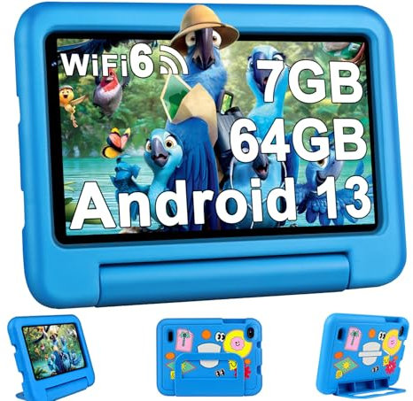 2025 Tablet per Bambini 7 Pollici Andriod 13 , 7GB RAM+64GB ROM (TF 1TB), WiFi 6 BT 5.0, Octa-Core, GMS Certificated | Controllo Parentale | Doppia Fotocamera | GPS | Tablet con Custodia EVA - Blu