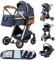 YAZOCO kinderwagen 3 in 1,Kombikinderwagen reisesysteme mit tragbar Wickeltasche Moskitonetz Regenschutz Fußsack, Zusammenklappen, Liegeposition Hohe Landschaft (4 blau)