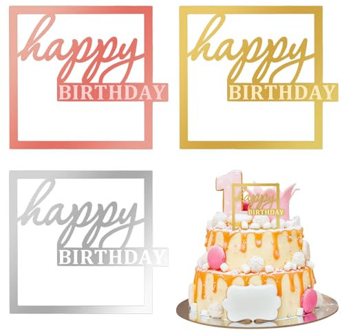 Bezavea 3 Pack Happy Birthday Cake Topper, Acrylic Toppers, Personalised Multicoloured Birthday, Gold Topper for Kids Adult Decorations., 301-23410-30MO00