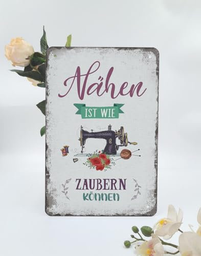 Retro Nähen Blechschild mit Spruch 20x30cm - NÄHEN IST WIE ZAUBERN KÖNNEN - Retro Nähmaschine Schild mit Nadel Faden - Nähzubehör Wanddeko Geschenk für Nähzimmer Nähbegeisterte
