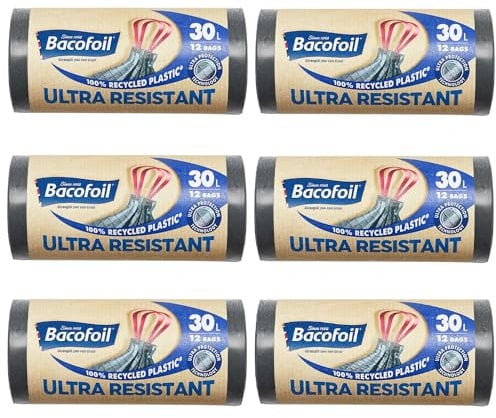 Bacofoil Ultra Resistant Bin Liners with Drawstring Handles 30L - Leak-Proof and Tear Resistant 30L Bin Bags with Ultra Protection Technology (6 Rolls, 72 Bags)