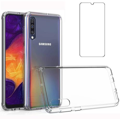 Niopiee for Samsung Galaxy A50 A50S A30S Case Crystal Clear Slim Hard Case Hybrid Shockproof Bumper with Tempered Glass Screen Protector Full Body Anti-Yellow Anti-Scratch Phone Protective Cover