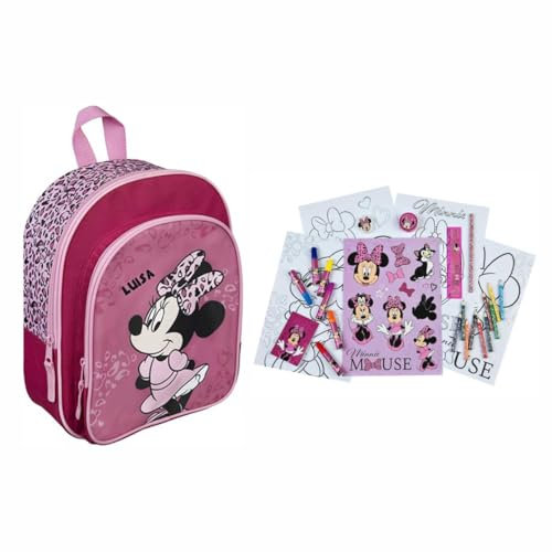 Kindergartenrucksack Minnie Mouse Mädchen - Personalisiert mit Name - Set Disney Kinderrucksack mit Mal- und Schreibturm 35-tlg.