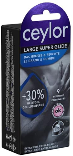 Ceylor Large Super Glide 9 extraweite Kondome mit 30% mehr Gleitcreme, verpackt im hygienischenDösli, einfach zu öffnen, schnelleres Überziehen, Premium-Qualität
