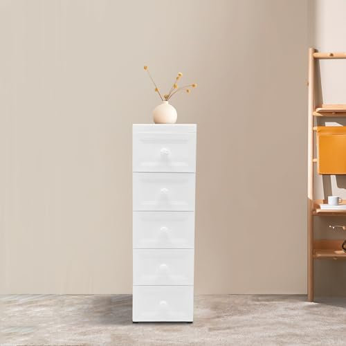 SAUADY Simon - Meuble de salle de bain à roulettes avec 5 tiroirs - Blanc laqué - Pour cuisine, salle de bain, salon, bureau - 25 x 34 x 82 cm