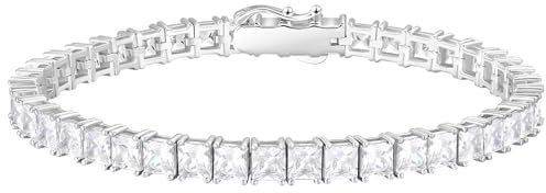 KRKC&CO Tennisarmband Silber 925 für Damen, 4mm Tennis Armband Prinzessschliff Weißgold beschichtet, Zirkonia Kristall Armband Iced Out, Geburtstag Geschenk für Frauen Mädchen [Größe 19cm]