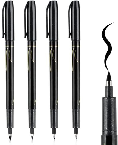 EooUooIP Penne per Lettering a Mano, Set di Pennarelli a Pennello Ricaricabili Neri - Set di Penne per Calligrafia a Testa Morbida di 4 Dimensioni per Artisti e Principianti, Confezione da 6