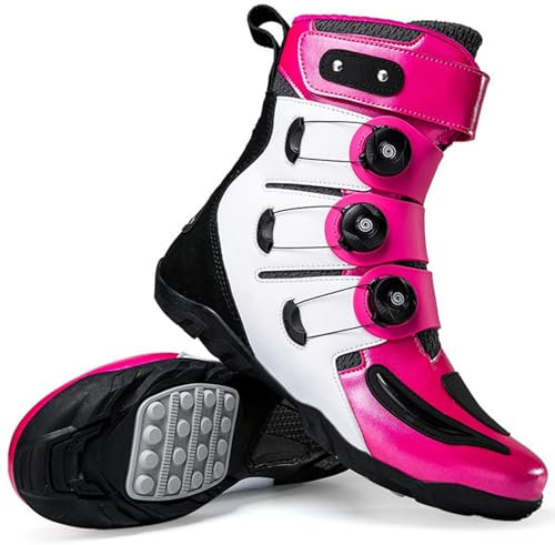 Stivali da Moto Alti per Unisex, Stivali protettivi Impermeabili in Pelle Microfibra da Cross, Comodi Stivali da Motocross Traspiranti,Rosa,41