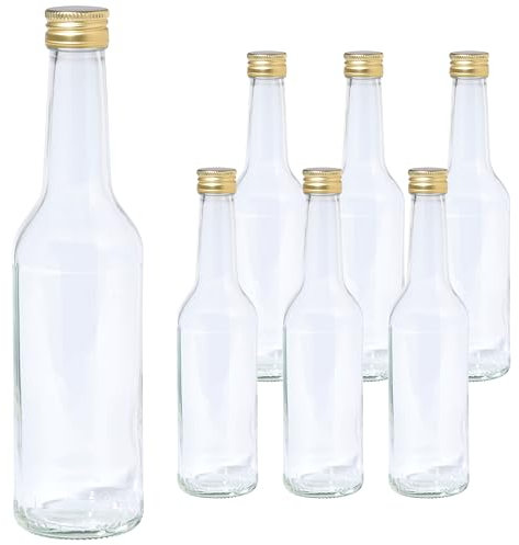 Vitrea 6 leere Glasflaschen 350ml Schraubverschluss Gold - Flaschen zum Befüllen mit Deckel - für Saft, Getränke, Likör, Öl, Saucen - 6 Stück, PP28, Gradhals