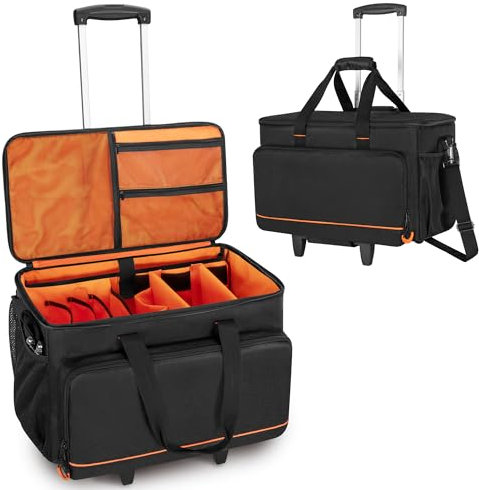 Trunab Rolling DJ Cable File Bag with Hard Padded Bottom,Detachable Dividers and Dolly,Travel Gig Bag for Professional DJ Gear, Musical Instrument and Accessories